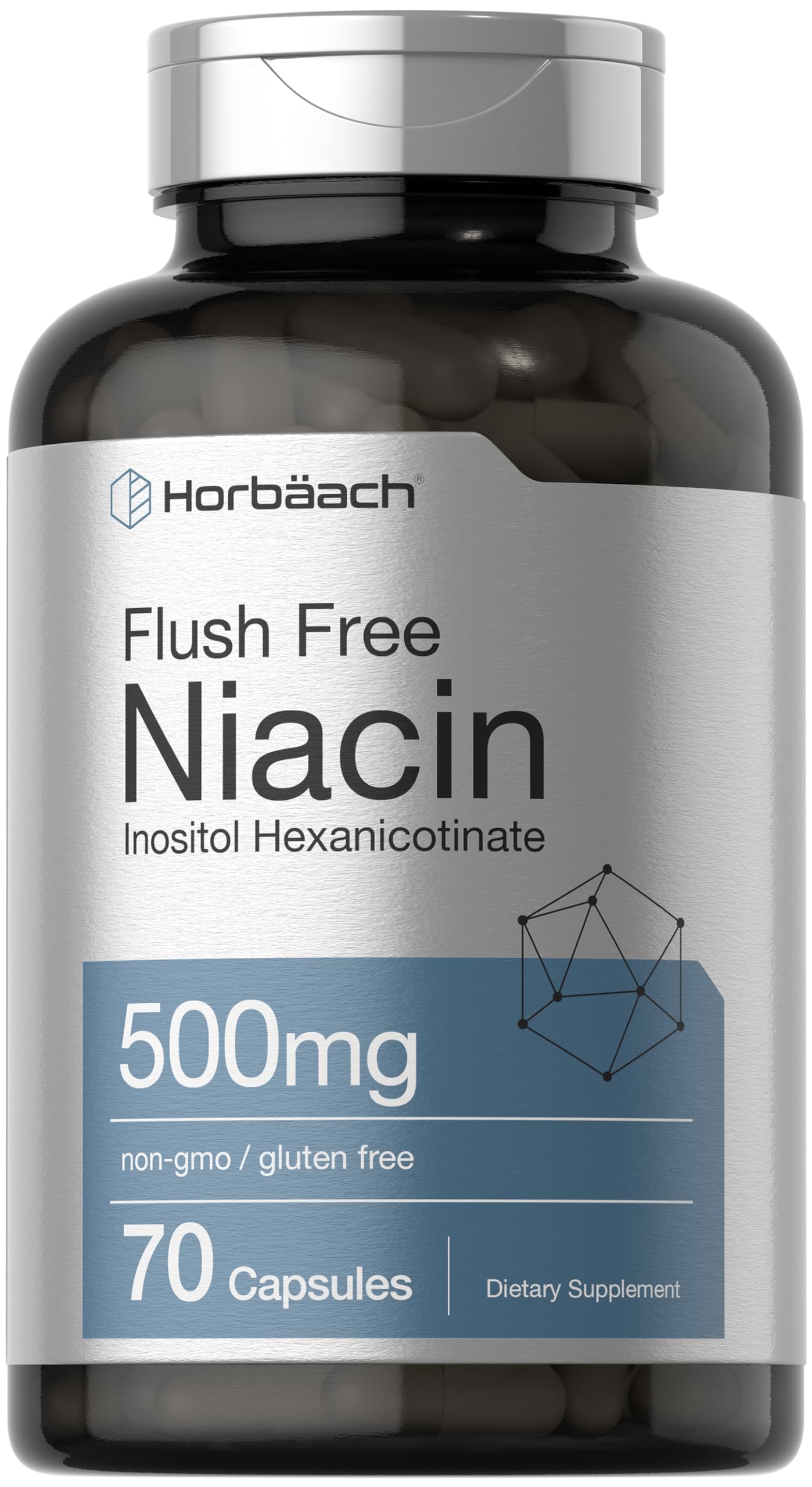 Horbäach Niacin 500mg Flush Free Vitamin B3 Inositol Hexanicotinate Capsule, 70 Count