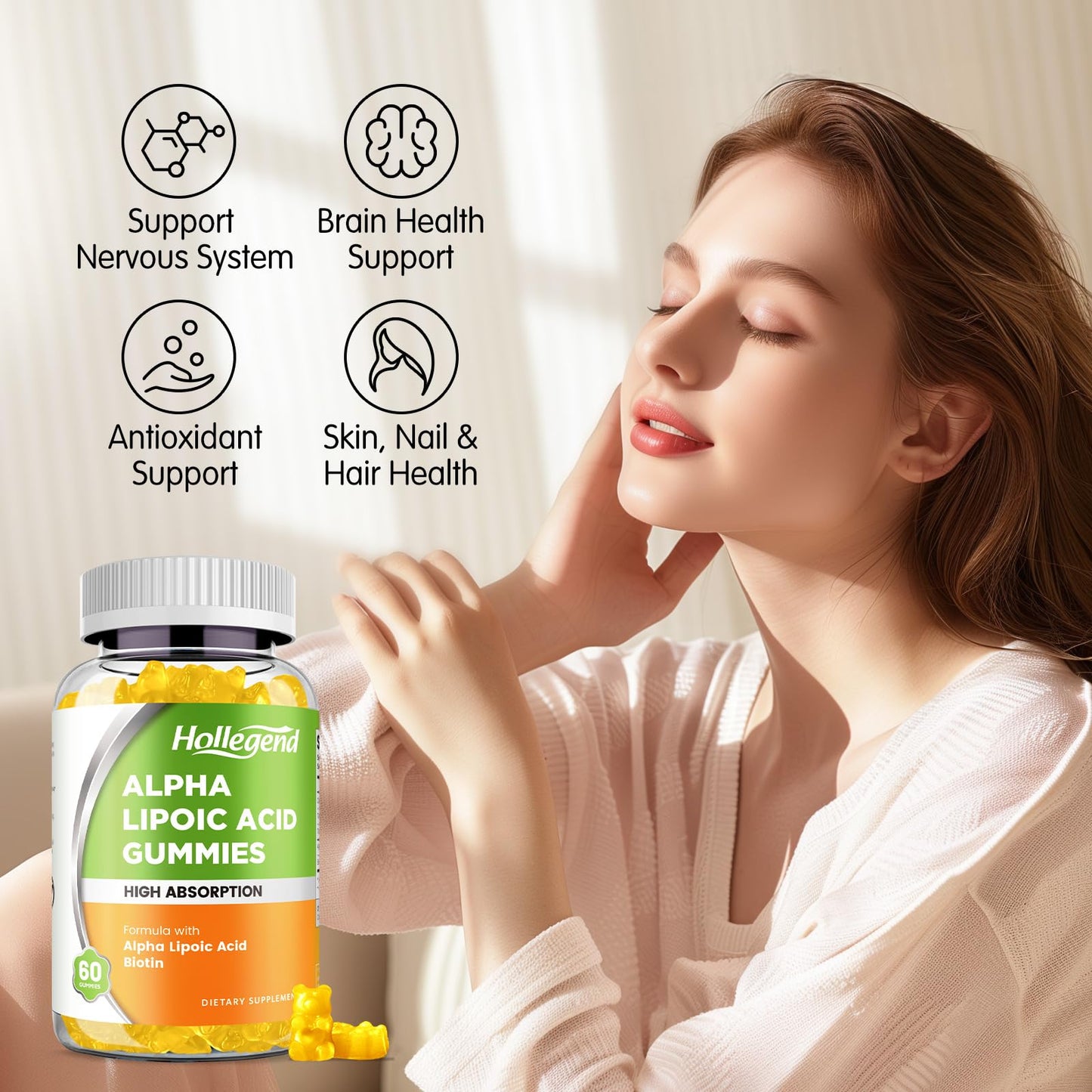 HOLLEGEND Alpha Lipoic Acid Gummy 1000mg with Biotin, High Absorption Chewable ALA Supplement for Antioxidant, Brain Health and Nerve Support, Pineapple Flavor, Sugar Free, 60 Gummies