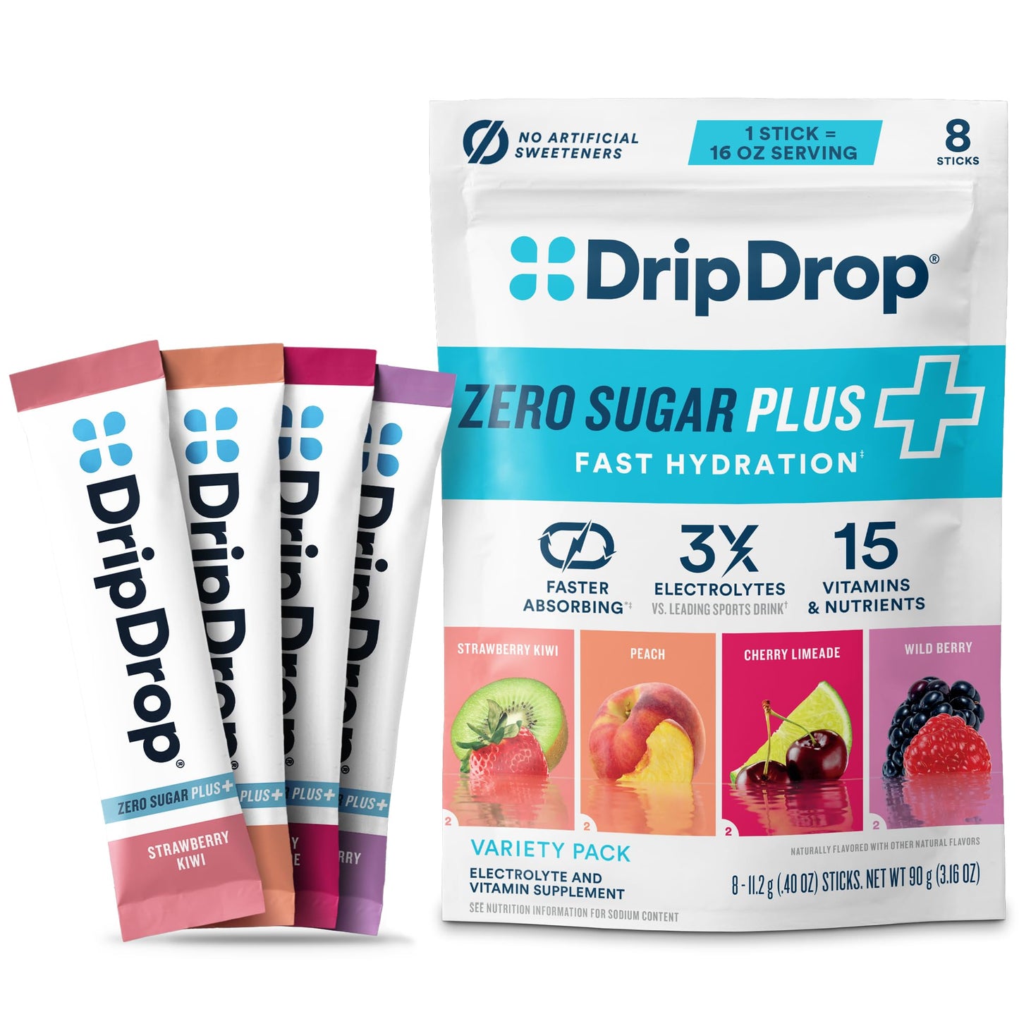 DripDrop Hydration Zero Sugar Plus Electrolyte Packets Powder 8 Count