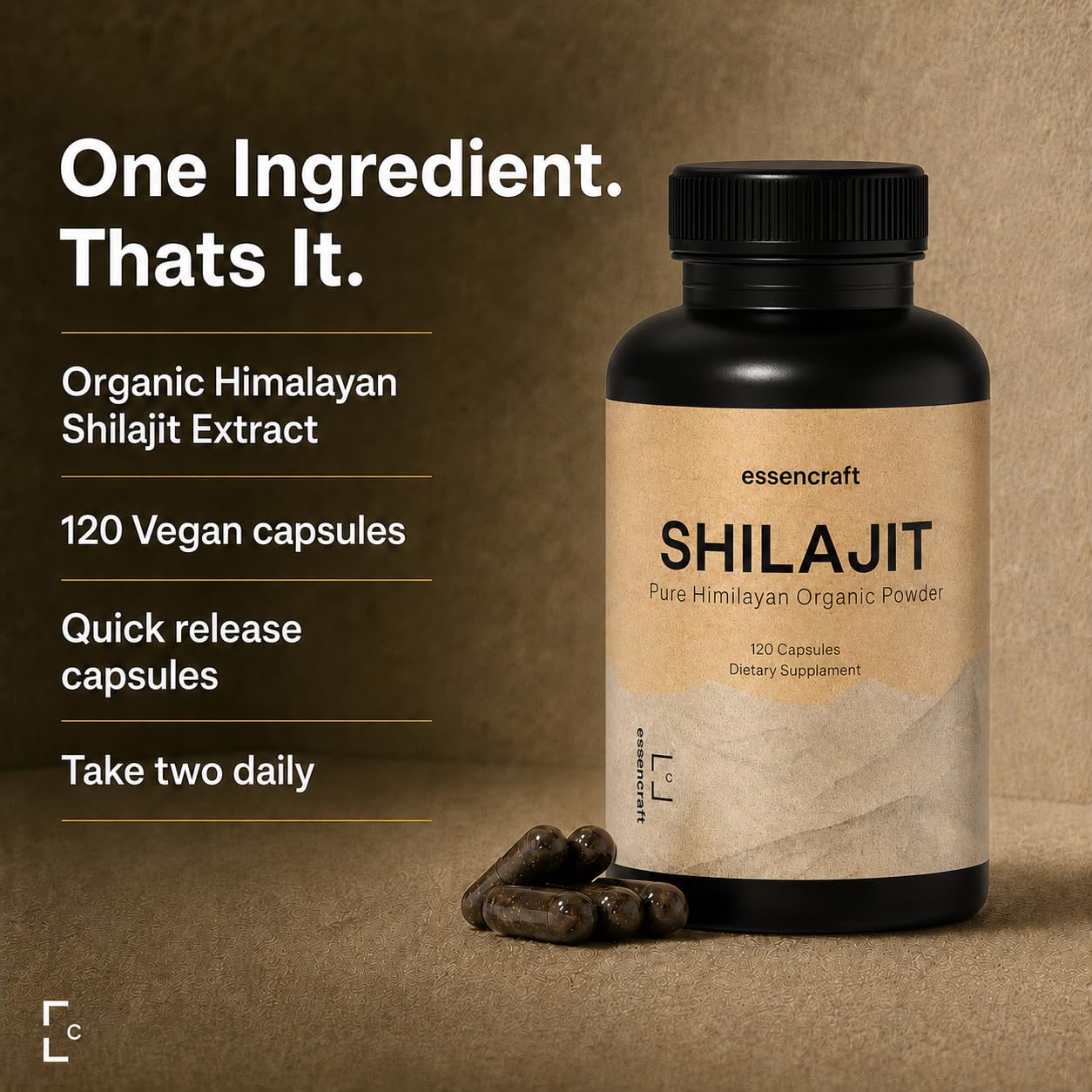 Essencraft Organic Himalayan Shilajit Resin Extract 1000mg Capsule, 120 Capsules