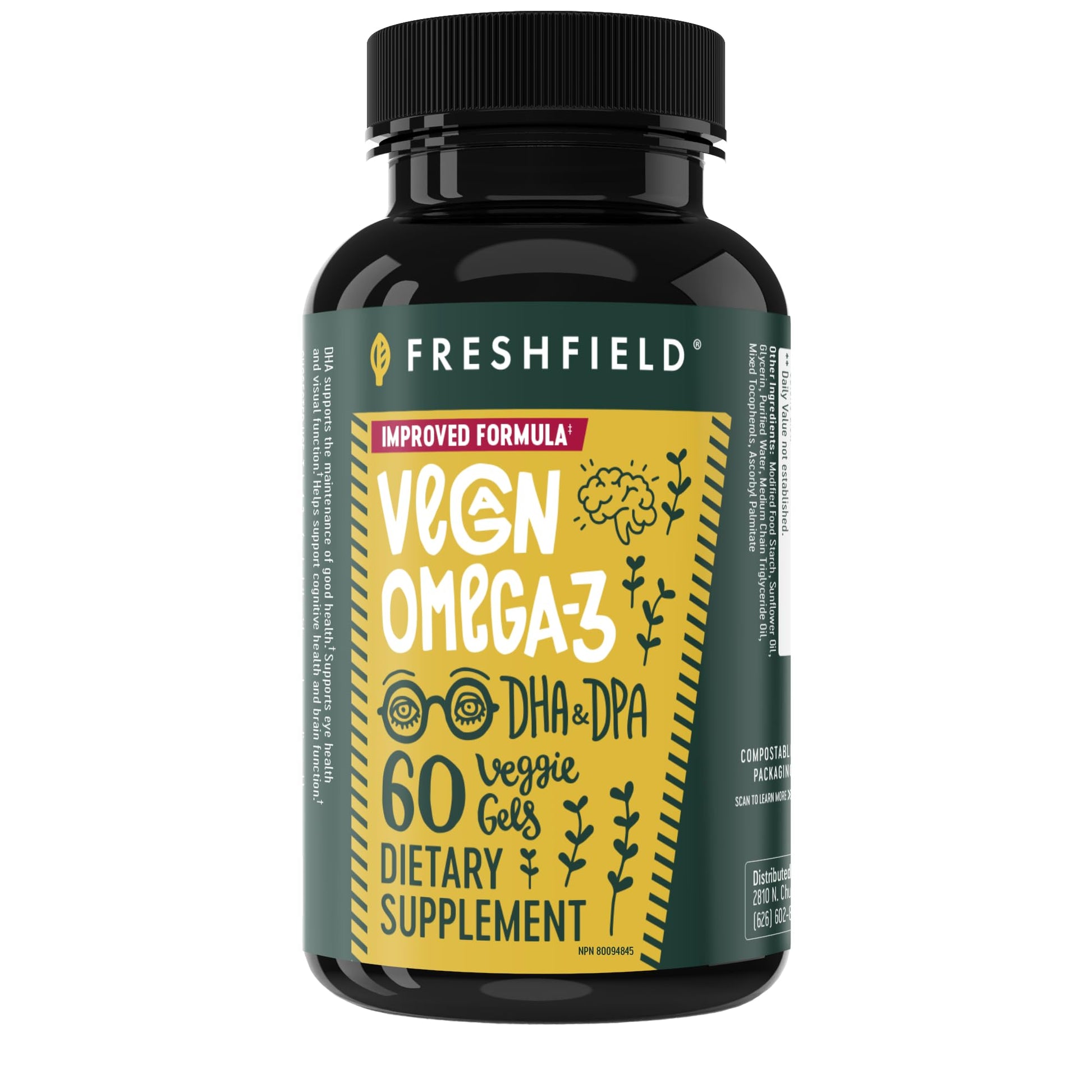 Freshfield Vegan Omega-3 Algae Oil DHA Supplement with DPA Plant Based Omega Softgel Capsule 60 Count