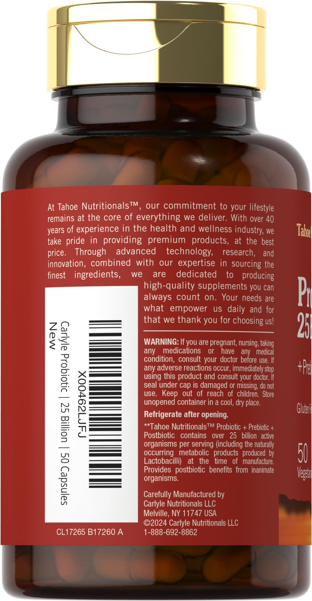 Tahoe Nutritionals Prebiotic, Probiotic & Postbiotic 25 Billion CFU Capsules, 50 Count