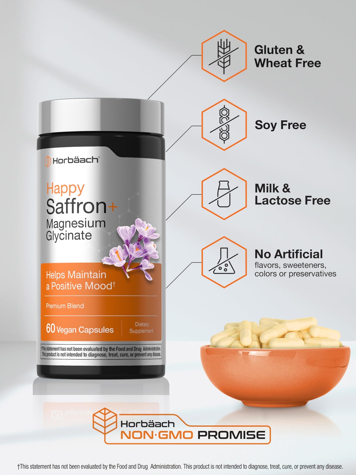 Horbäach Saffron + Magnesium Glycinate Supplement Vegan Capsules, 60 Count