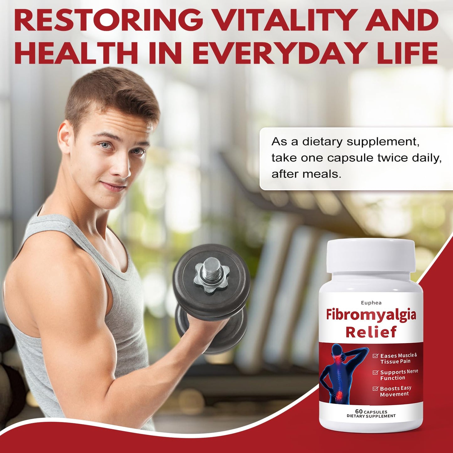 Euphea Fibromyalgia Relief Supplement with B Vitamins and Nitric Oxide Support, 60 Capsules