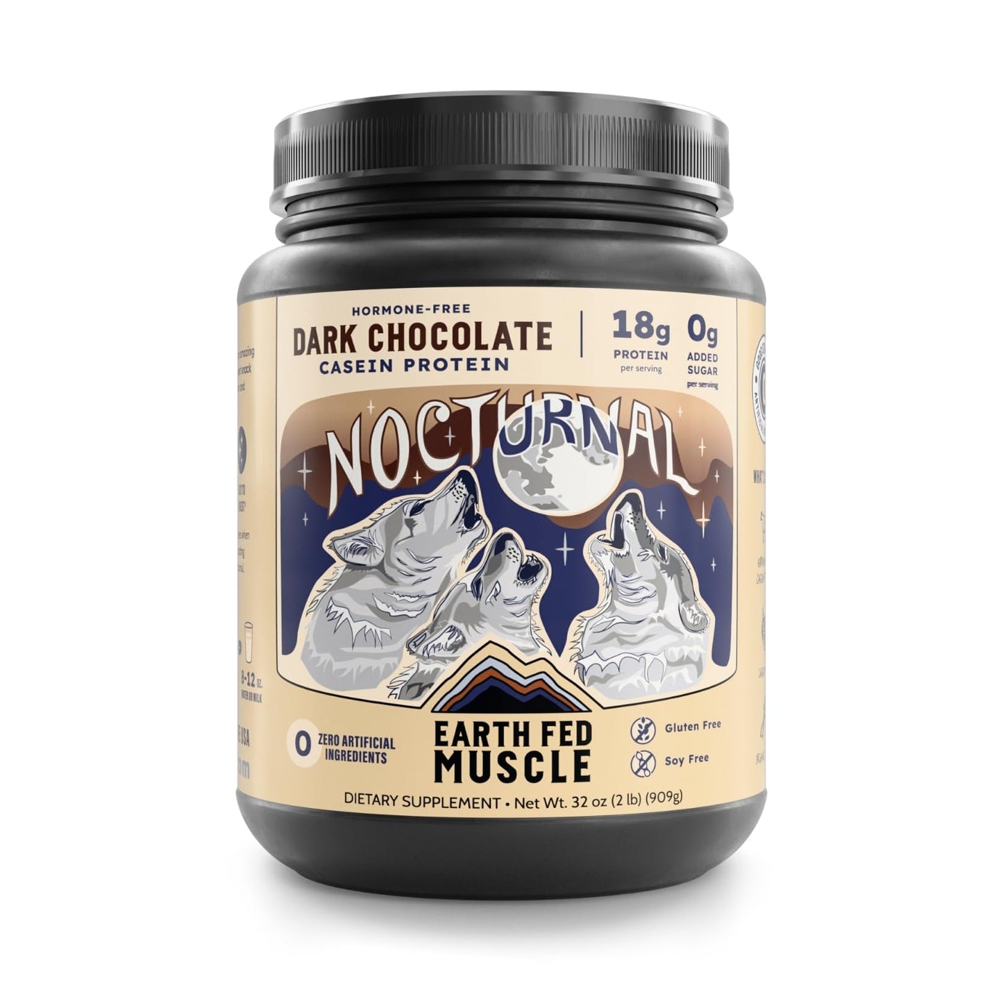 Earth Fed Muscle Nocturnal Casein Protein Powder with Whey Blend, Dark Chocolate, 32 Servings, 2 lb