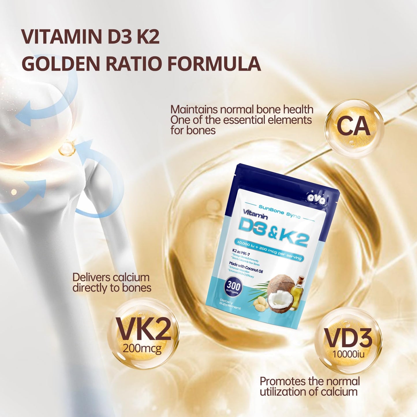 QVQ Vitamin D3 10000 IU + K2 200 mcg Softgels with Virgin Coconut Oil, 300 Count