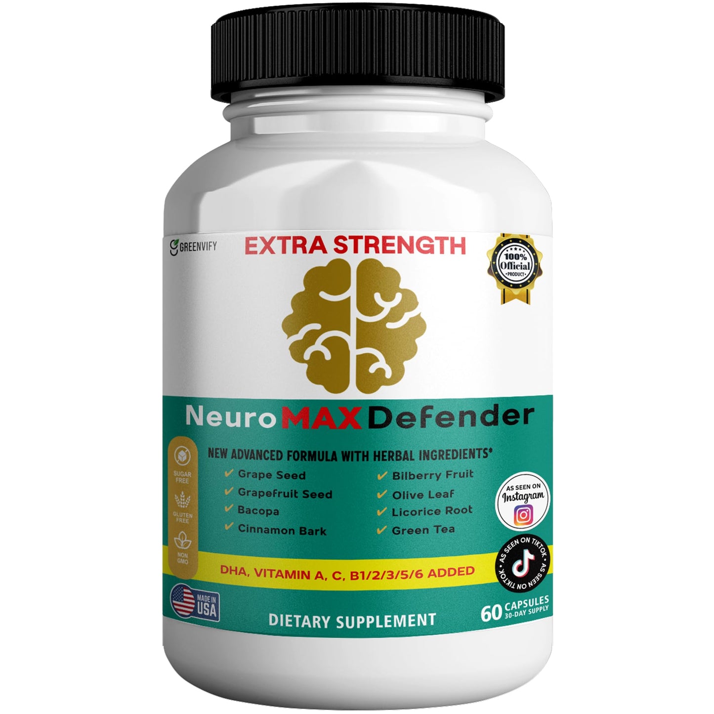 GREENVIFY NeuroMAX Defender Extra Strength Brain Support Supplement with Herbal Blend Capsules, 60 Count