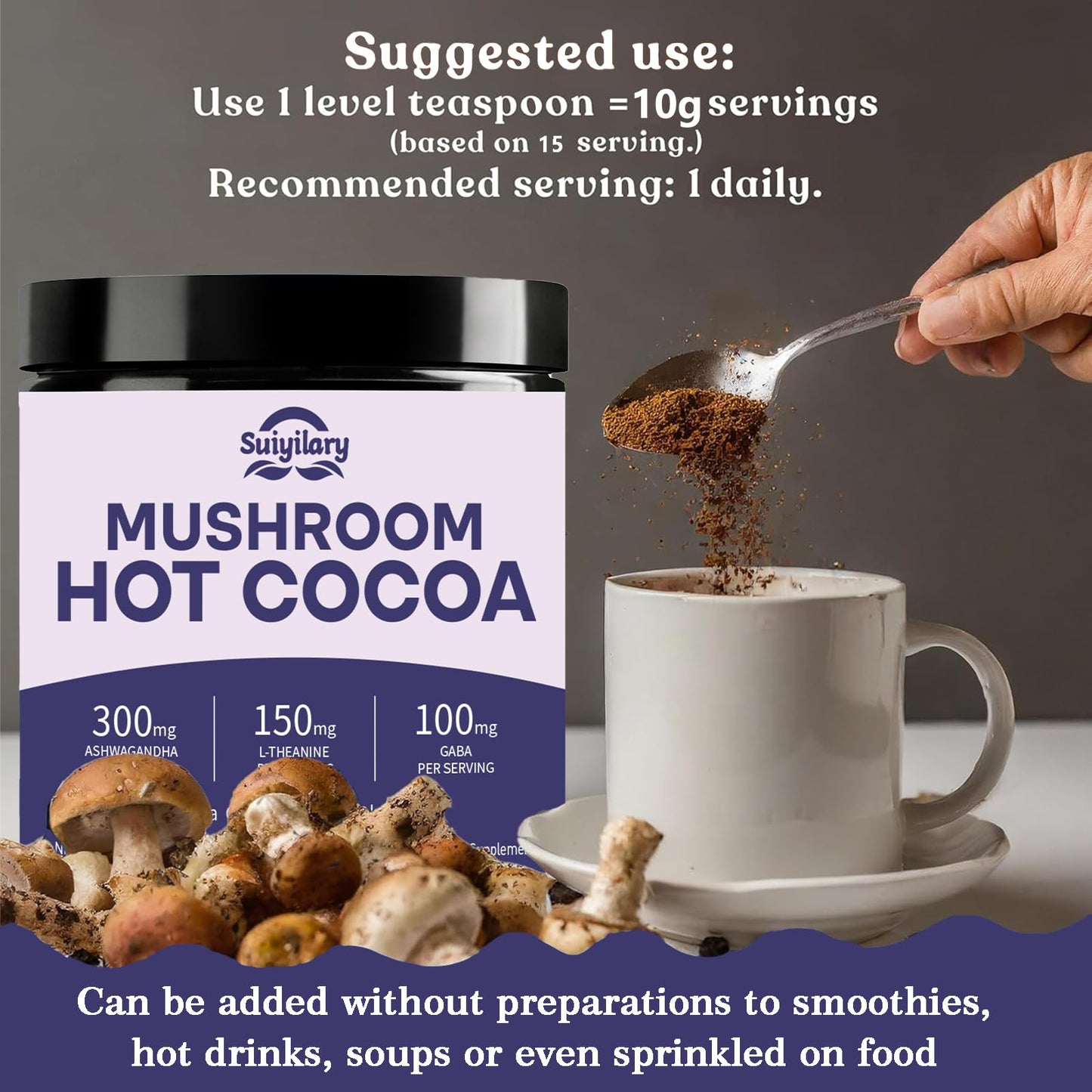Suiyilary 10 Mushroom Hot Cocoa for Calm Powder 5.3 Ounce