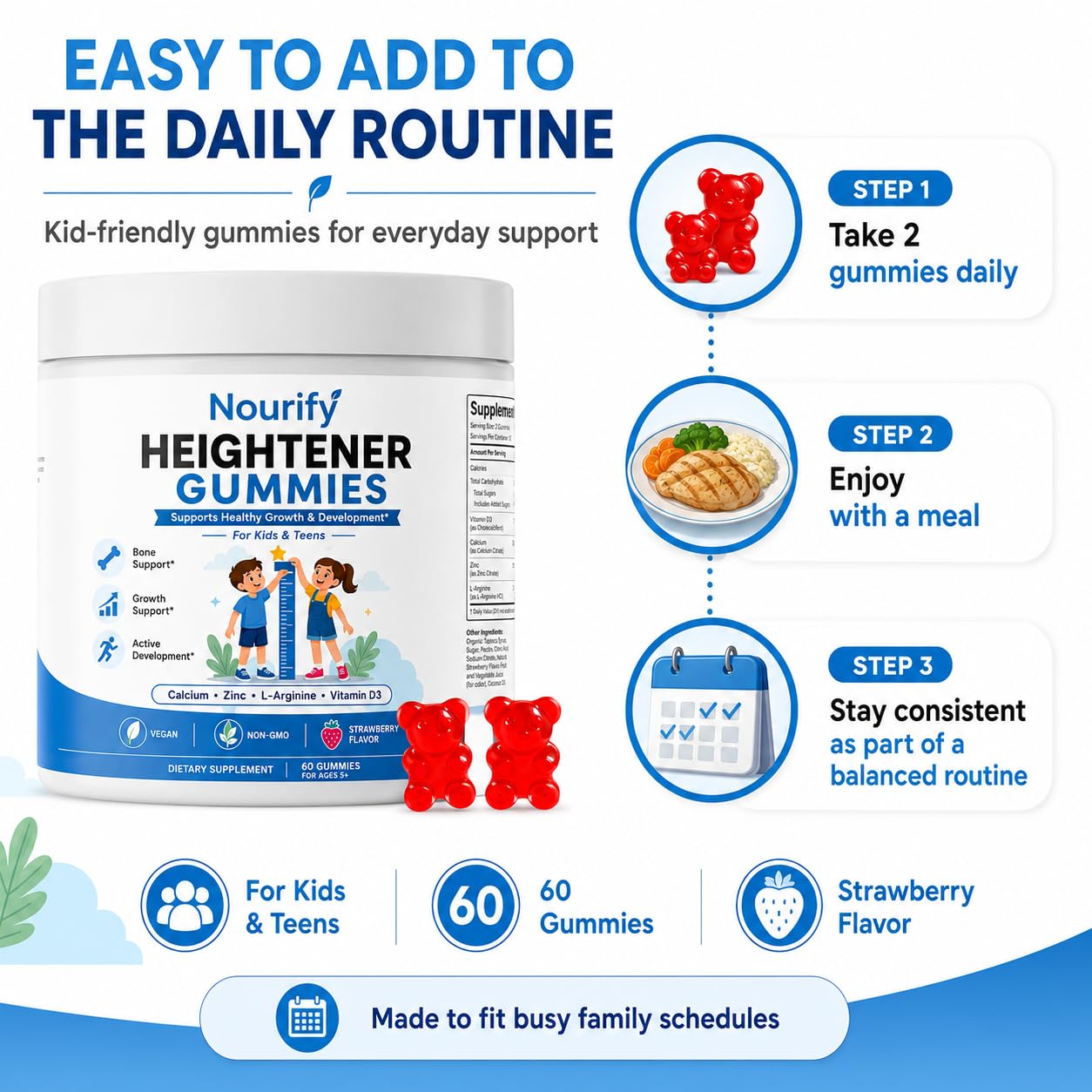 VOKIMAX Nourify Heightener Daily Multivitamin Gummies with Essential Vitamins & Minerals, Supports Bone Health, Energy & Overall Wellness, 60 Gummies