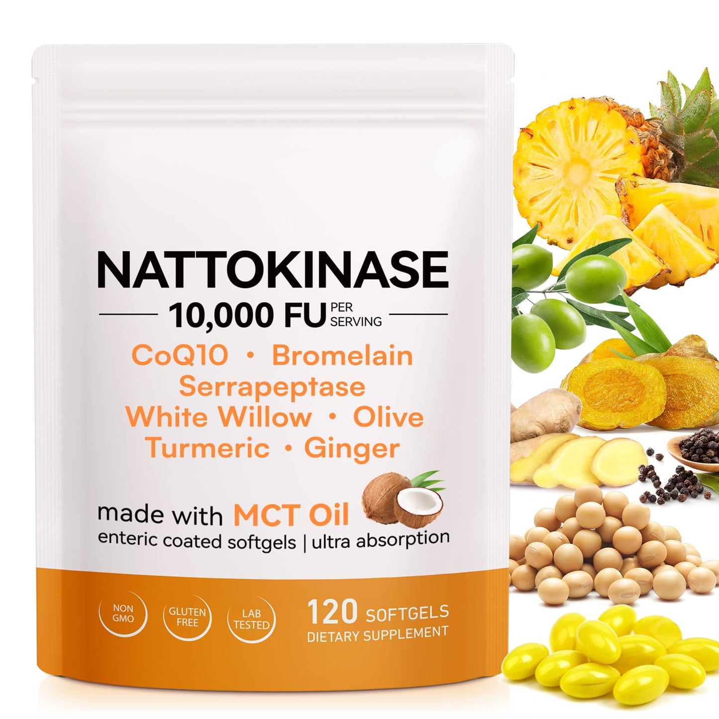J&H Jasmine&Hyacinth Nattokinase 10,000 FU Softgels with CoQ10, Serrapeptase, Bromelain, Turmeric, 8-in-1 Formula for Heart and Circulatory Support, 120 Count