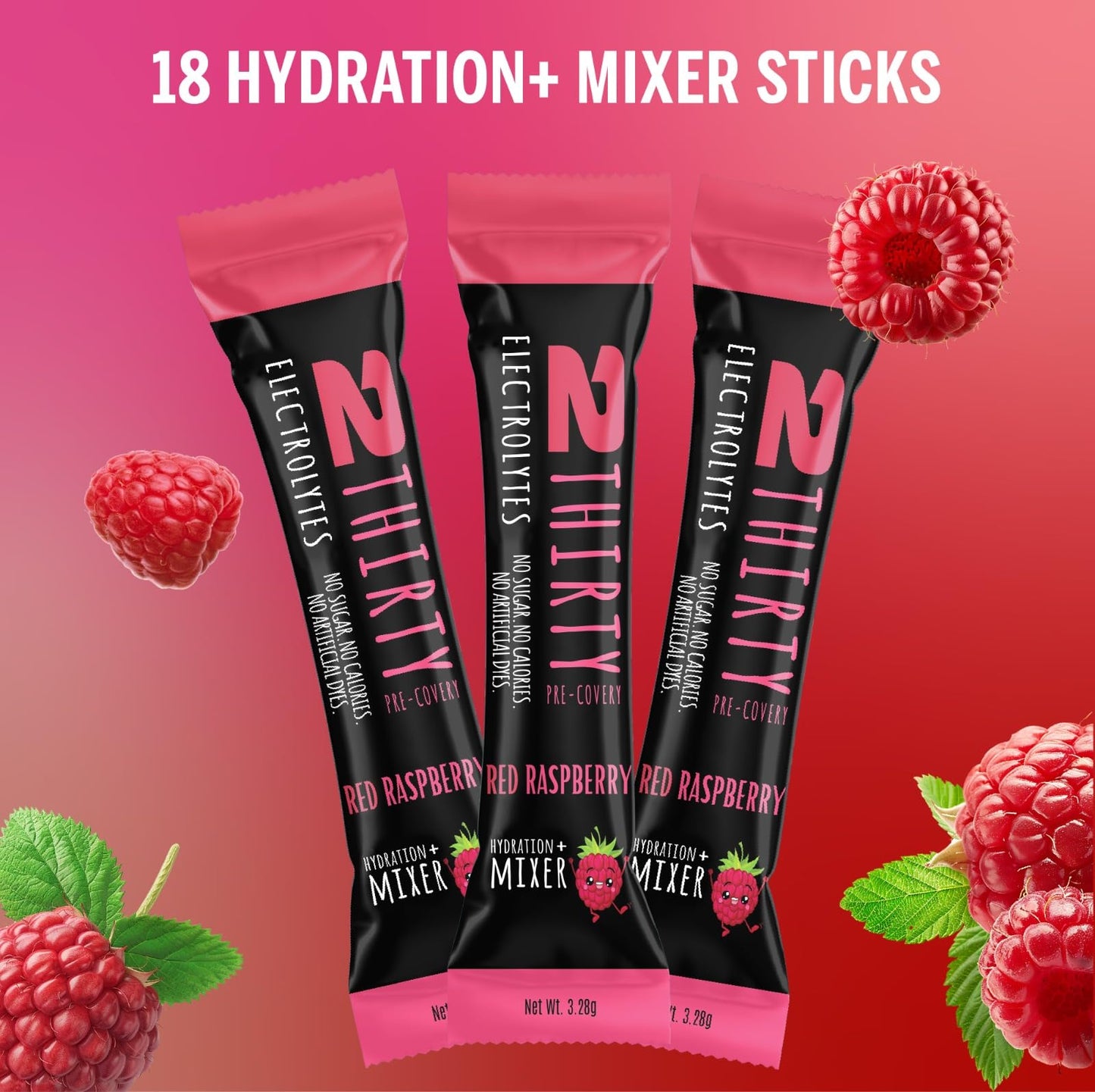 2THIRTY PRE-COVERY Hydration + Mixer DHM Alternative Electrolyte Powder Packets, Red Raspberry, 2.1 oz