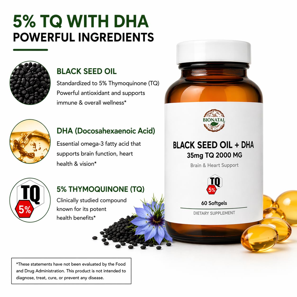 BioNatal Premium Black Seed Oil + DHA Softgels – 5% Thymoquinone (TQ) – Algal Oil Omega-3 & Organic Flaxseed Oil – 2000mg Total Complex – Supports Immunity, Brain, and Joint Health – 60 Softgels