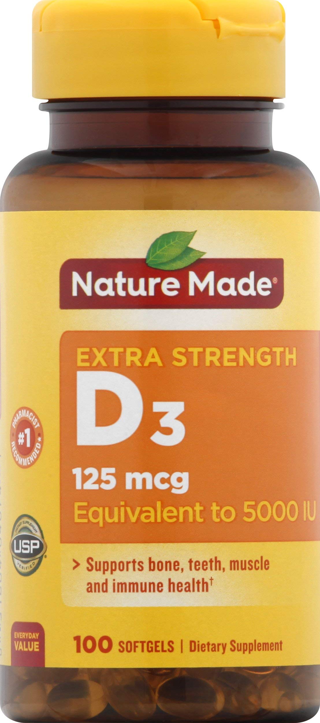 Nature Made Vitamin D3 Dietary Supplement Softgels, 5000 IU, 100 Count