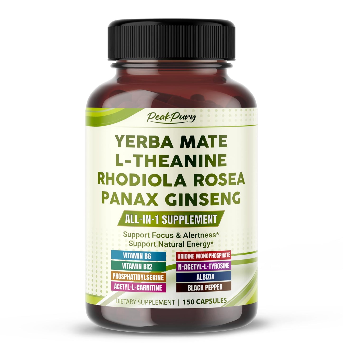 PEAKPURY Ultra All-in-1 Yerba Mate, L-Theanine, Rhodiola & Panax Ginseng - Supports Mental Focus & Natural Energy, 150 Capsules
