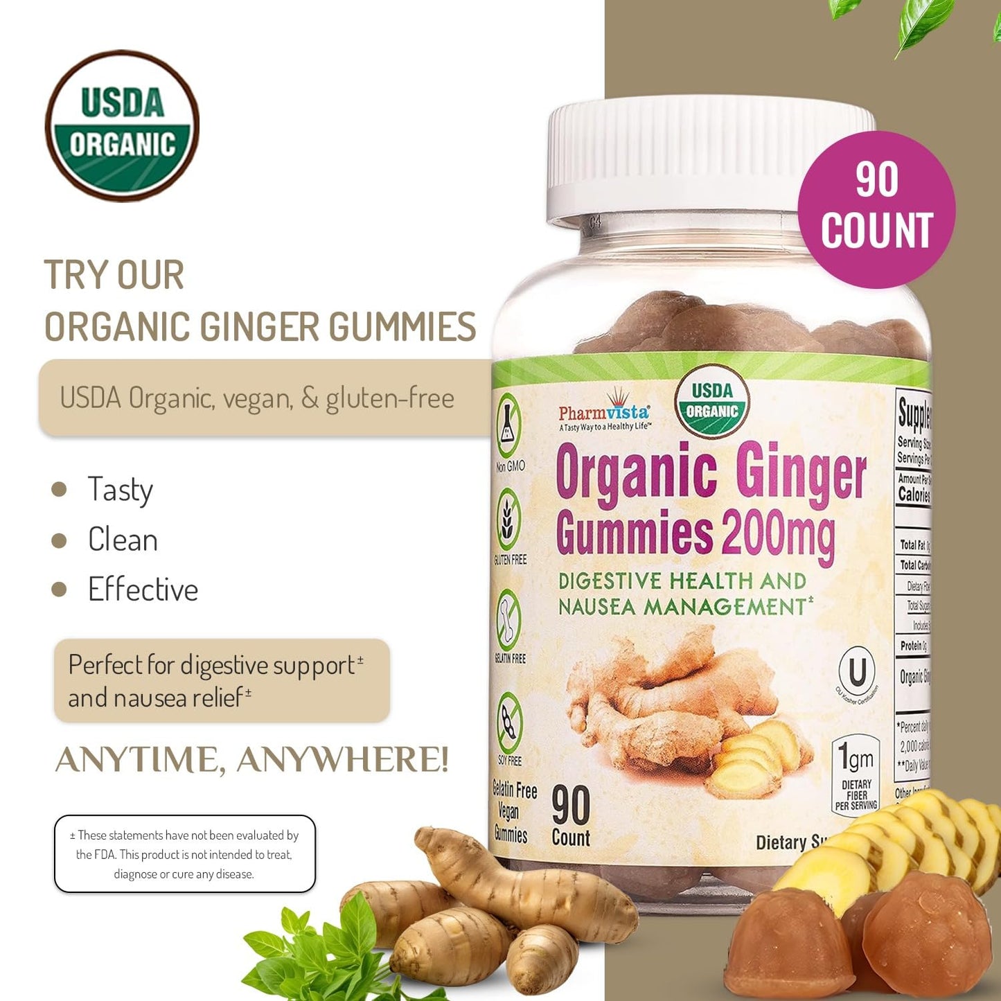 Pharmvista USDA Organic Ginger 200mg Gummies 90 Count