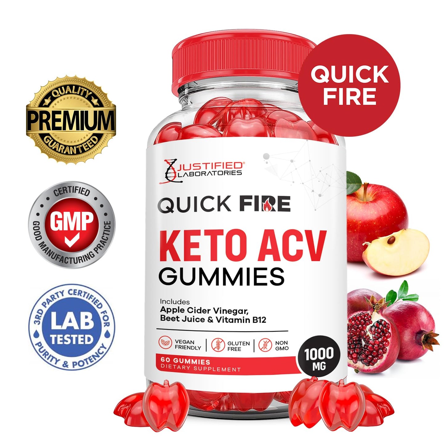 Justified Laboratories Quick Fire Keto ACV Gummies, Advanced Formula, 1000mg, Apple Cider Vinegar with Pomegranate Beet Juice Powder, B12, Vegan, Non-GMO, 120 Gummies