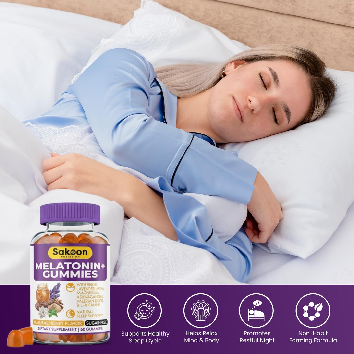 Sakoon nutrition Melatonin Gummies for Women & Men with Reishi, Magnesium & L-Theanine, 10mg Melatonin, Sugar Free Natural Honey Flavor, Vegan Halal Sleep Support, 30 Count
