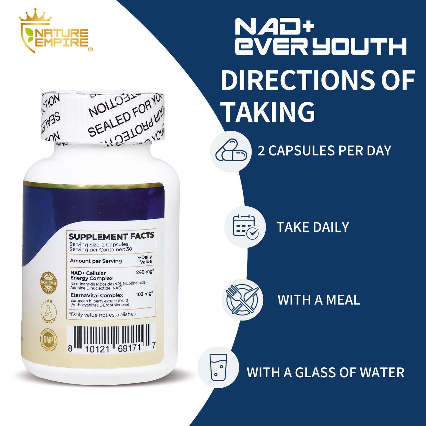 NATUREMPIRE NAD+ Supplement for Cellular Renewal Anti-Aging 4-in-1 with L-Ergothioneine, Nicotinamide Riboside (NR), European Bilberry, Antioxidant Support for Energy & Aging, 60 Capsules