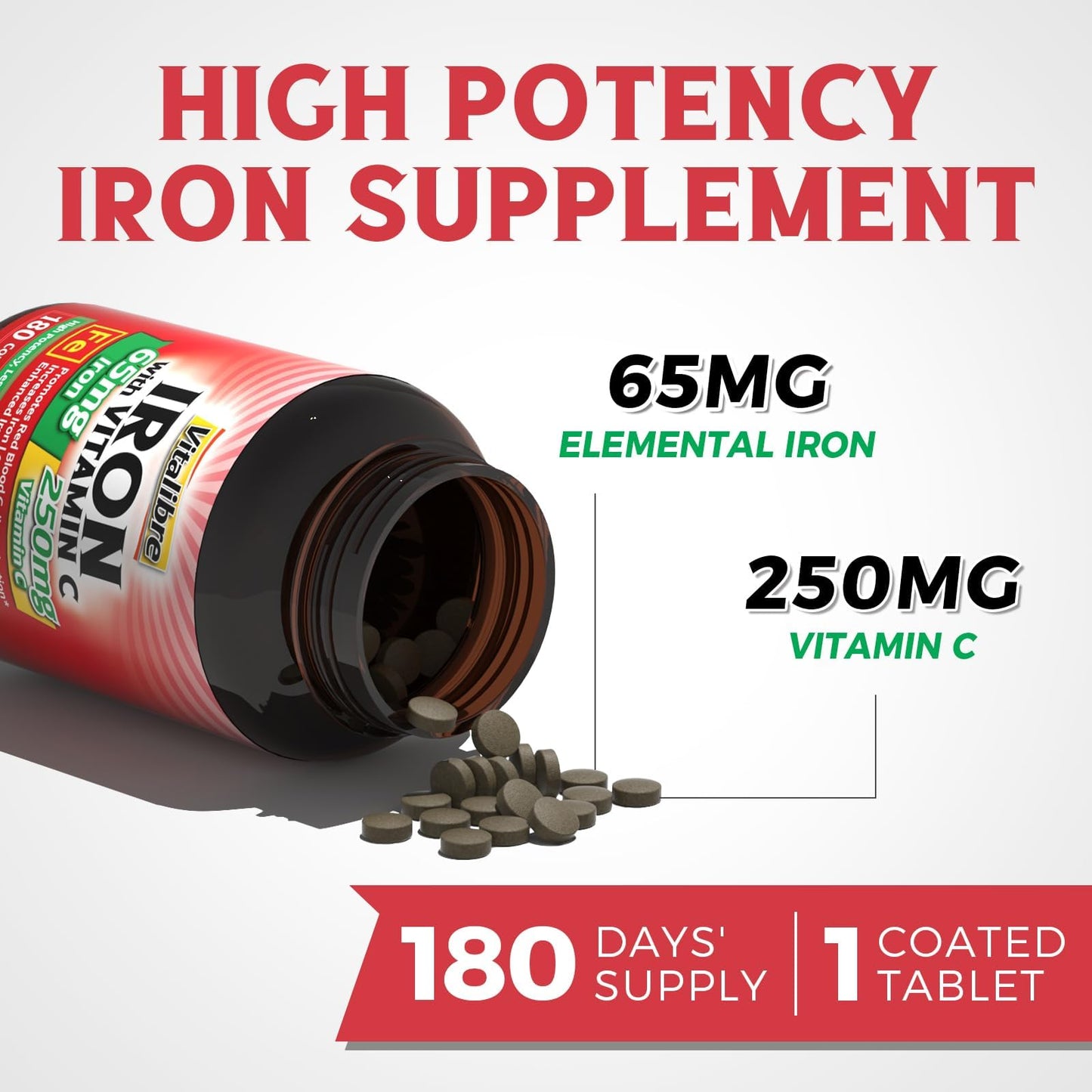 Vitalibre Iron Supplement Tablet 65mg Carbonyl Iron with 250mg Vitamin C, 180 Tablets