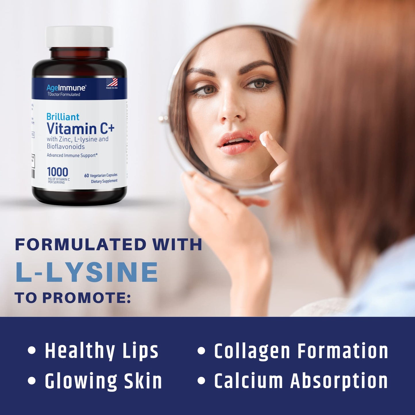 AgeImmune Vitamin C 1000mg Complex with L-Lysine 500mg, Zinc 12mg, Bioflavonoids 300mg Capsule, 60 Count