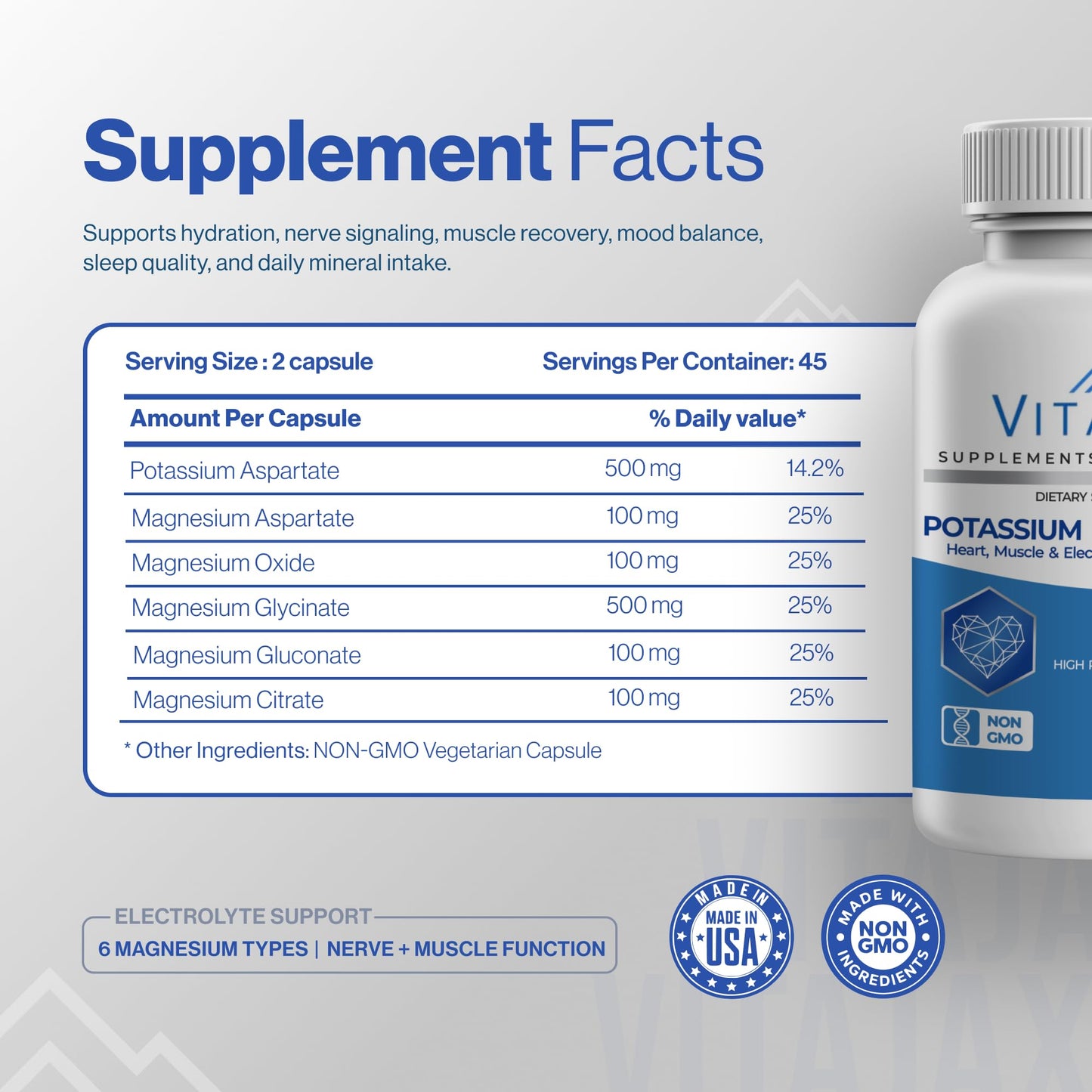 VITAJAX Potassium Magnesium Supplement 1000mg Capsules, 180 Count