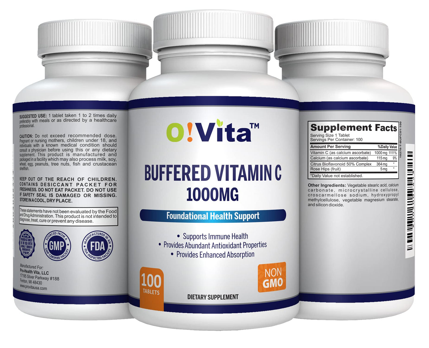 O!VITA Buffered Vitamin C 1000mg for Immune Health, Non-GMO Tablets, 100 Tablets
