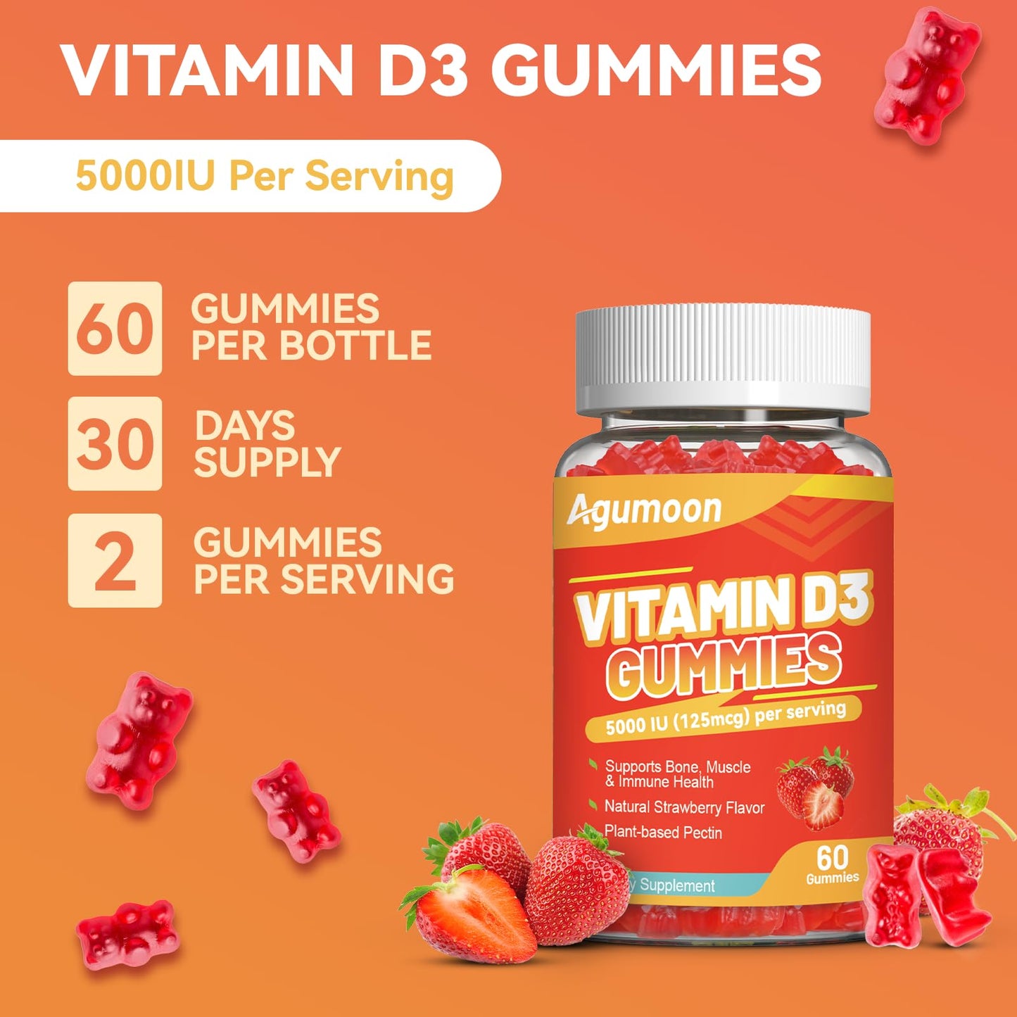 Agumoon Vitamin D3 5000 IU (125mcg) Gummies, 60 Count