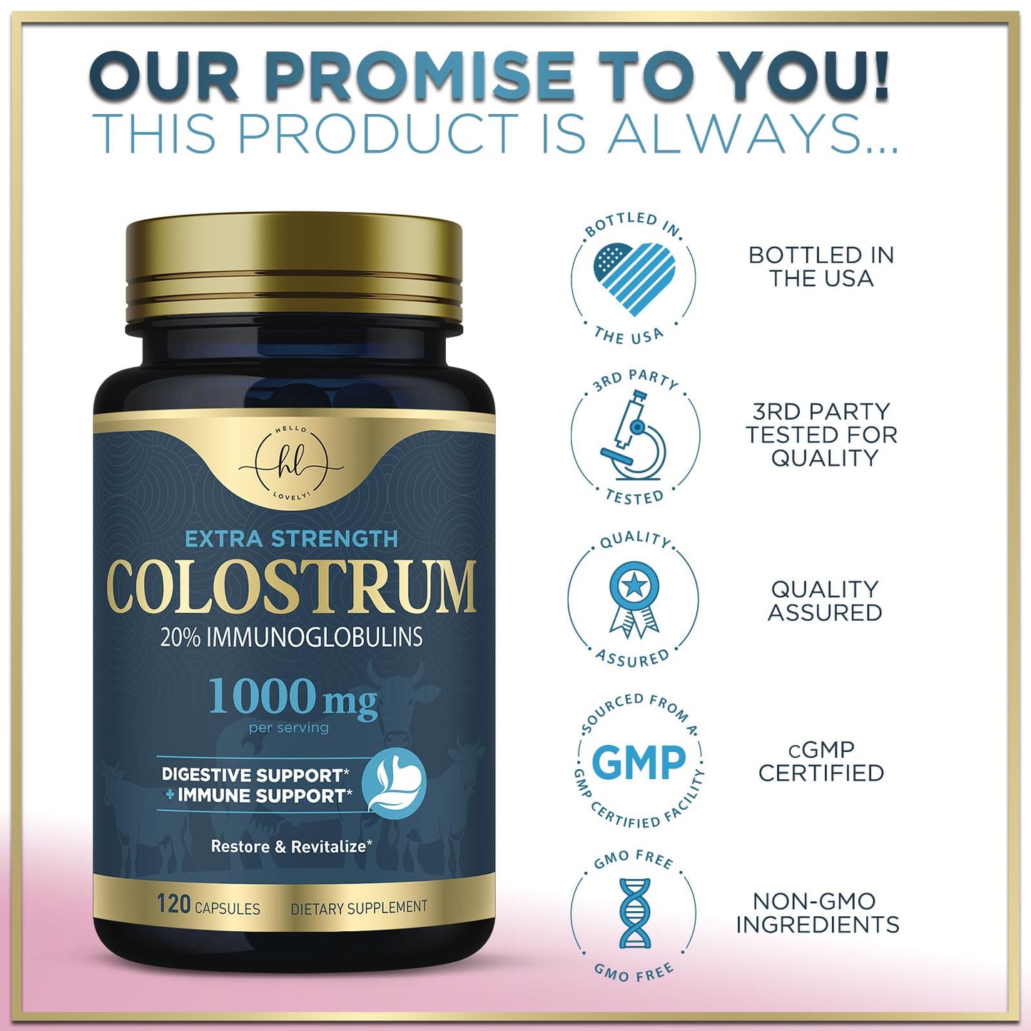 Hello Lovely! Bovine Colostrum Powder 1000mg Per Serving Capsules 120 Count