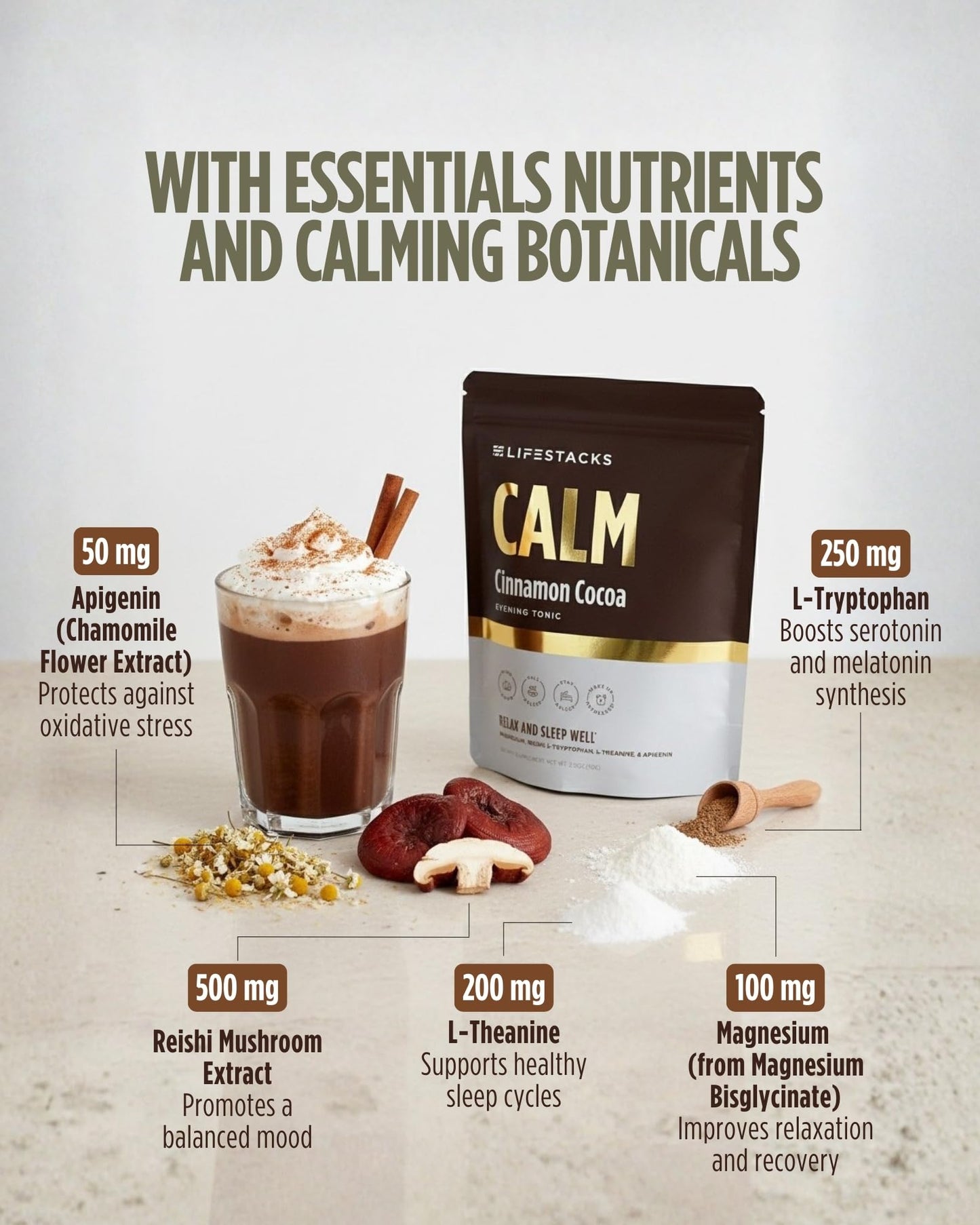 LIFESTACKS Calm Magnesium Hot Cocoa Sleep Aid Powder 9.9 Ounce
