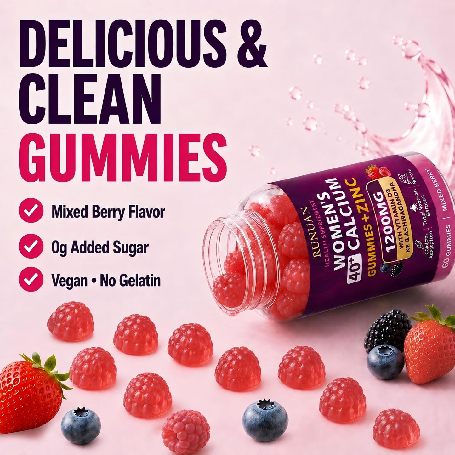 RUNUAN Calcium Citrate Gummies 1200mg with Magnesium Zinc D3 K2 B12 B6 120 Gummies
