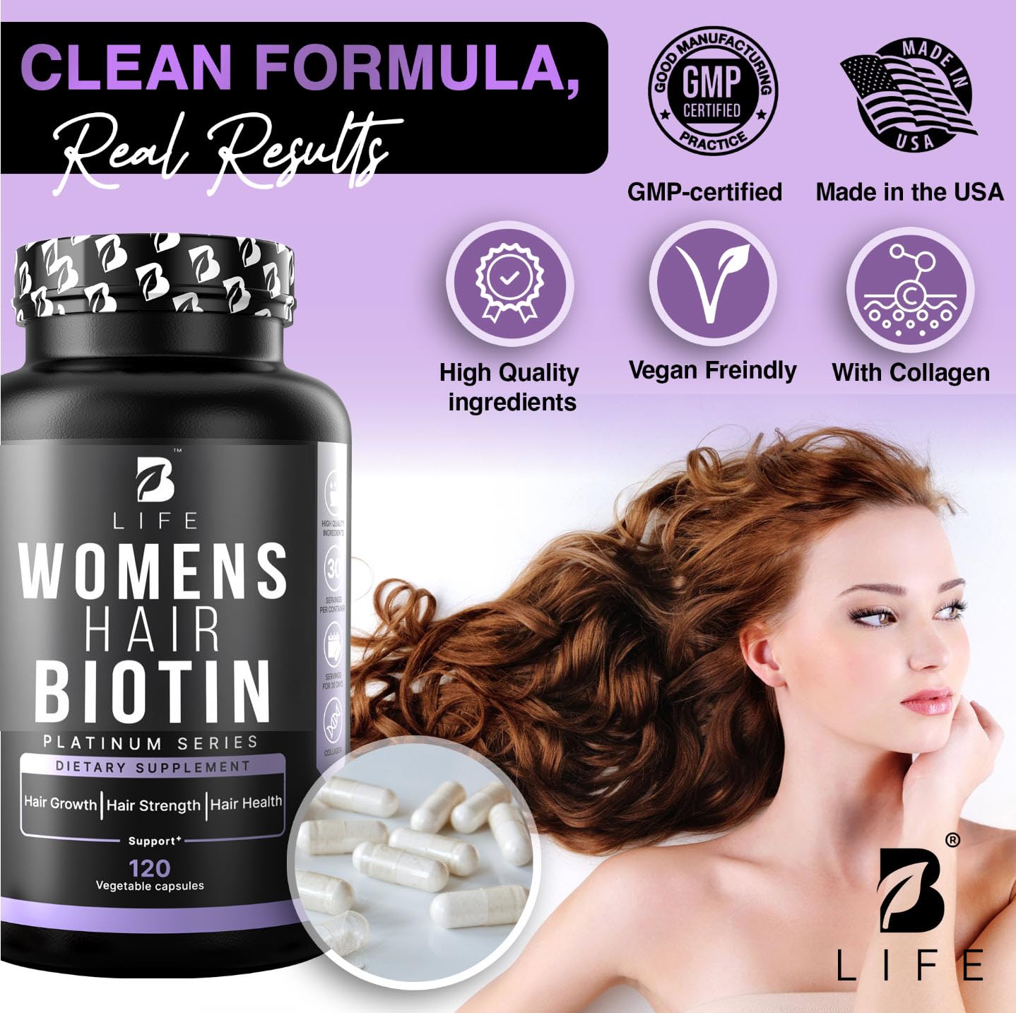 B Life Company Biotin 10000 mcg Hair Vitamins for Hair Loss for Women – Hair Growth Treatments for Women – Healthy Hair Skin and Nails – Collagen Supports Hair Strength and Health, 120 Capsules