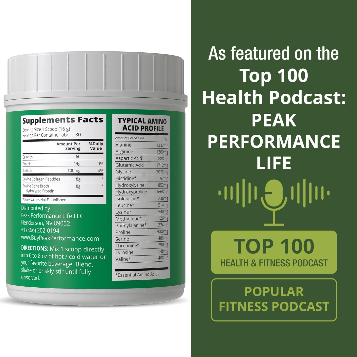 Peak Performance Hydrolyzed Bone Broth + Collagen Unflavored Protein Peptides Powder - 16.9 oz