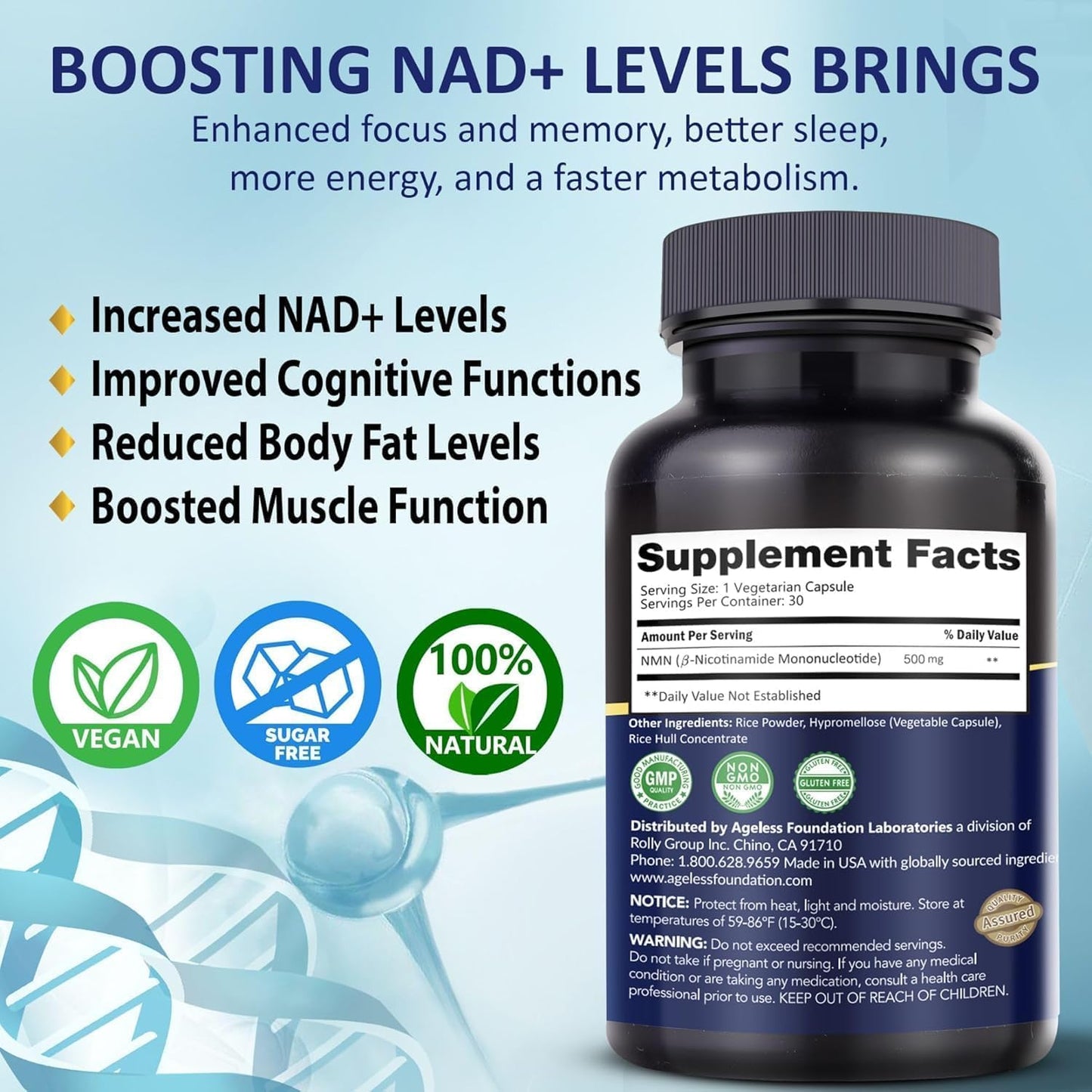 Ageless Foundation Laboratories NMN Supplement 500mg Capsules, 1 Count