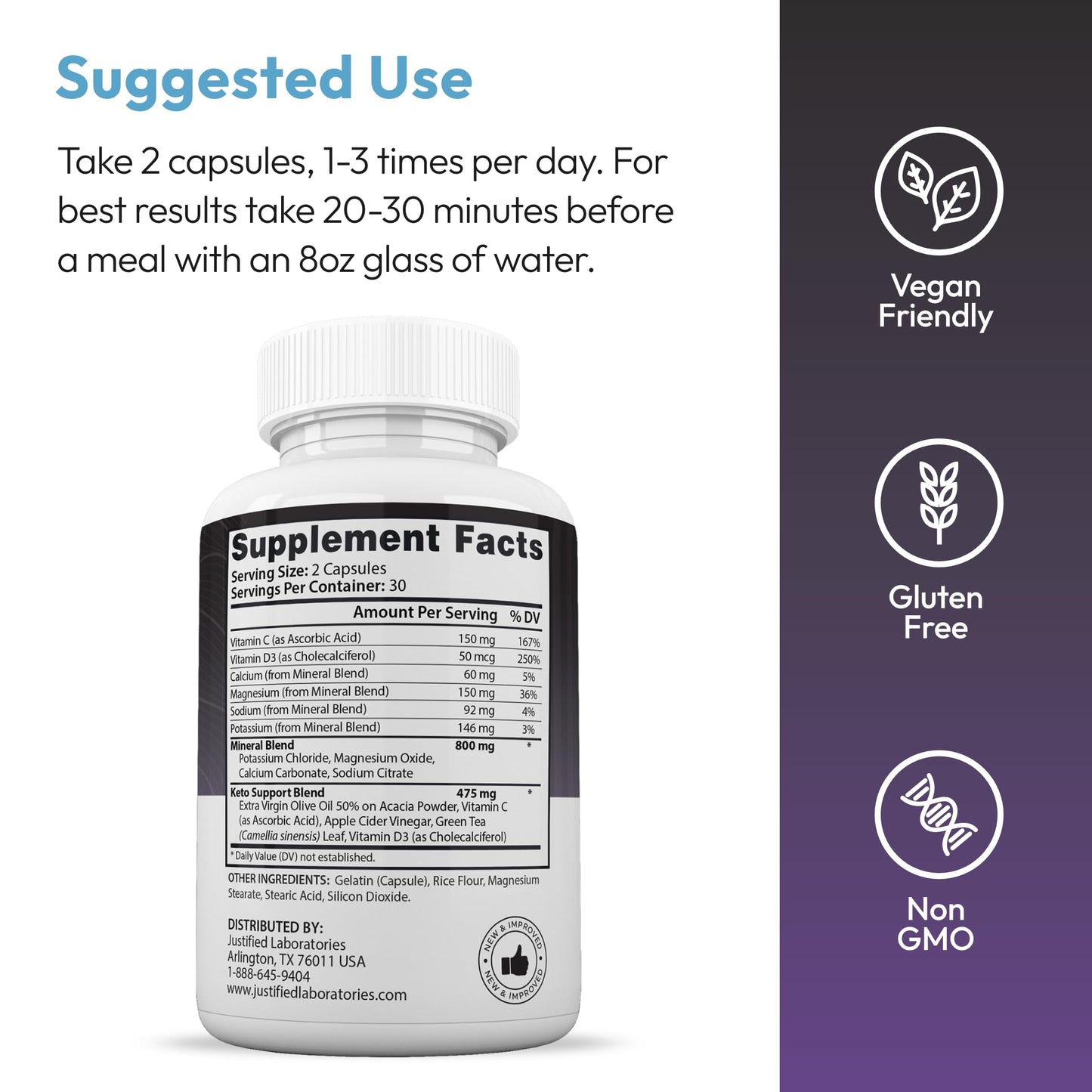 Justified Laboratories Advanced Keto 1500 - Ketogenic Support from Apple Cider Vinegar, Green Tea Leaf, Vitamin C, Vitamin D3 & Extra Virgin Olive Oil - 60 Capsules