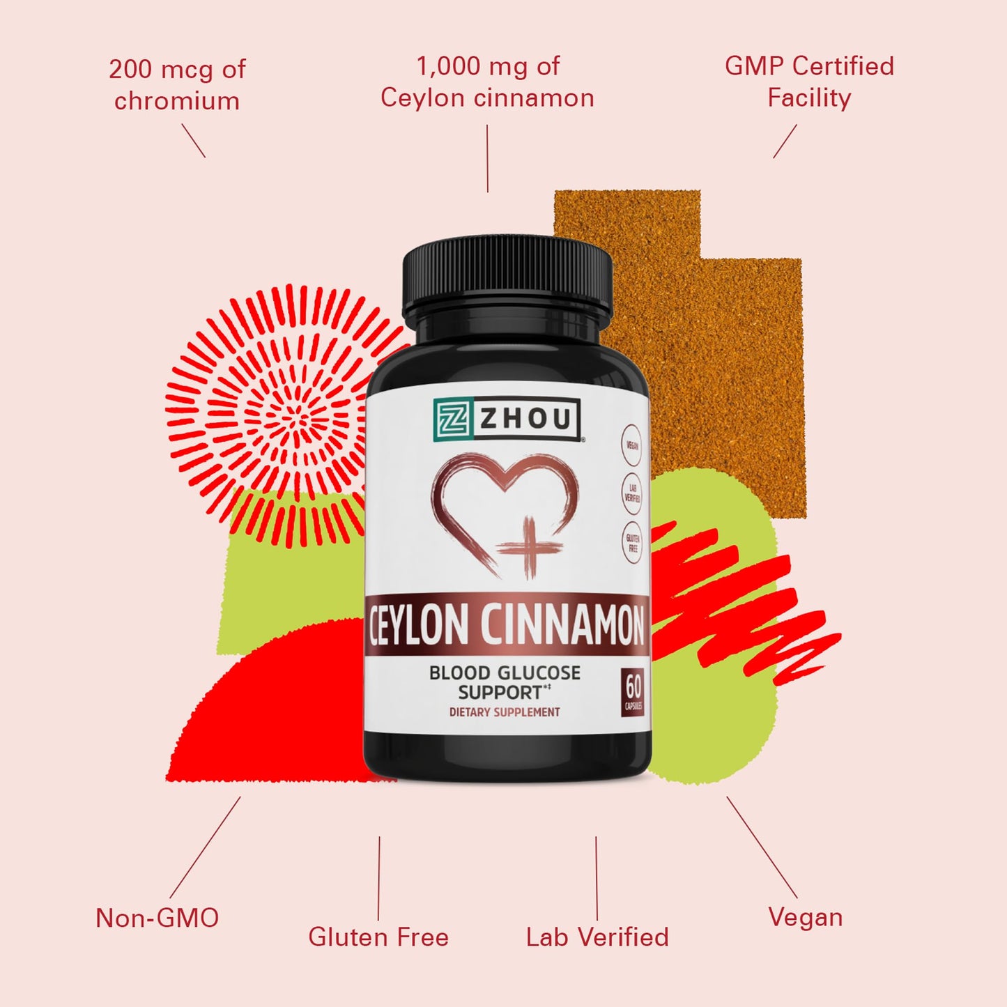ZHOU Heart Hero Ceylon Cinnamon Capsules, 60 Count