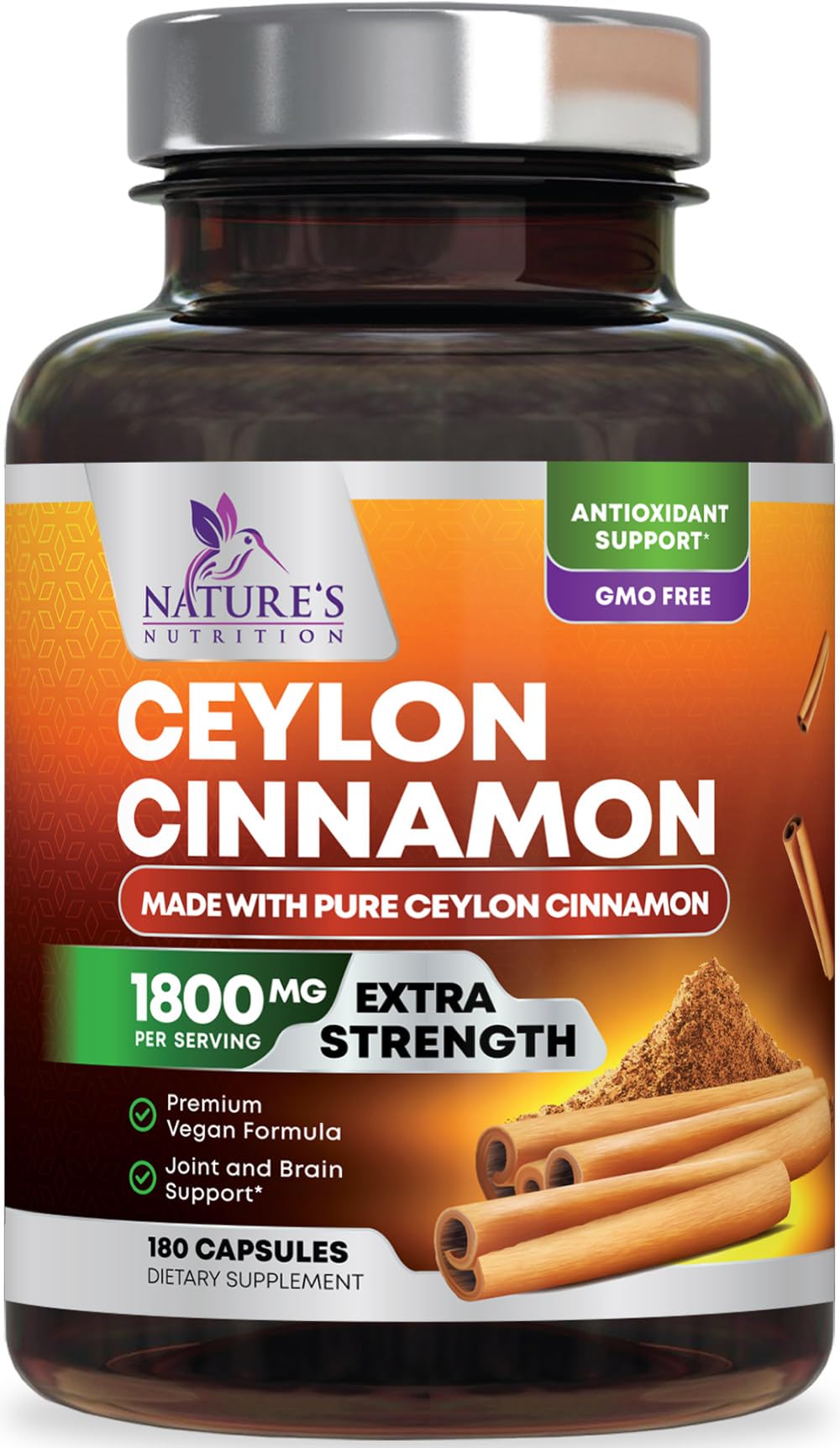 Organic Ceylon Cinnamon Capsules 1800mg - Extra Strength Certified Organic Ceylon Cinnamon Supplement - Energy & Heart Support Antioxidant Pill for Women & Men, Bottled USA - 180 Capsules