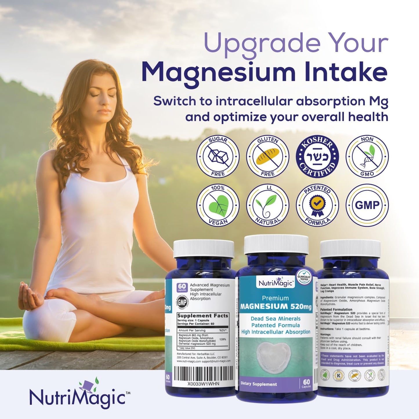 NutriMagic 520mg Patented High-Absorption Elemental Magnesium, 60 Capsules