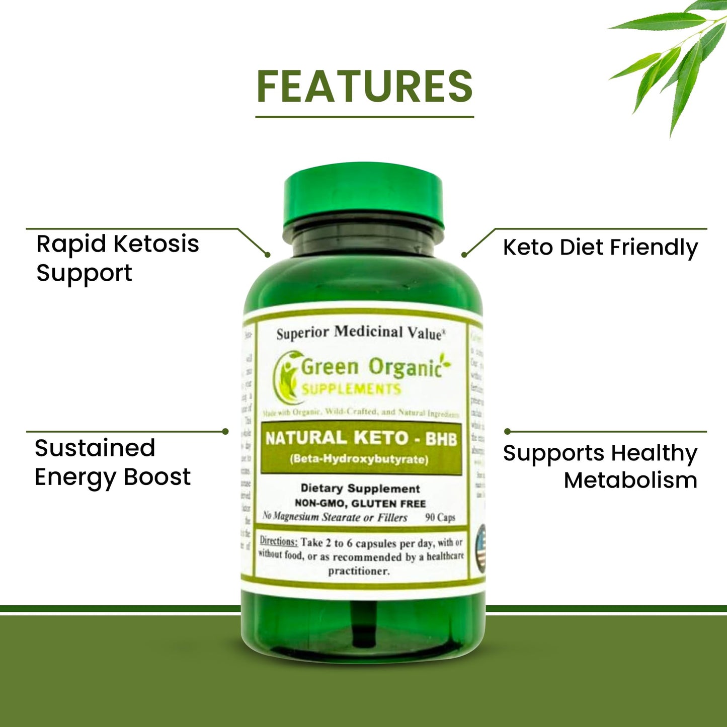 Green Organic Supplements Keto BHB Beta-Hydroxybutyrate Capsules 90