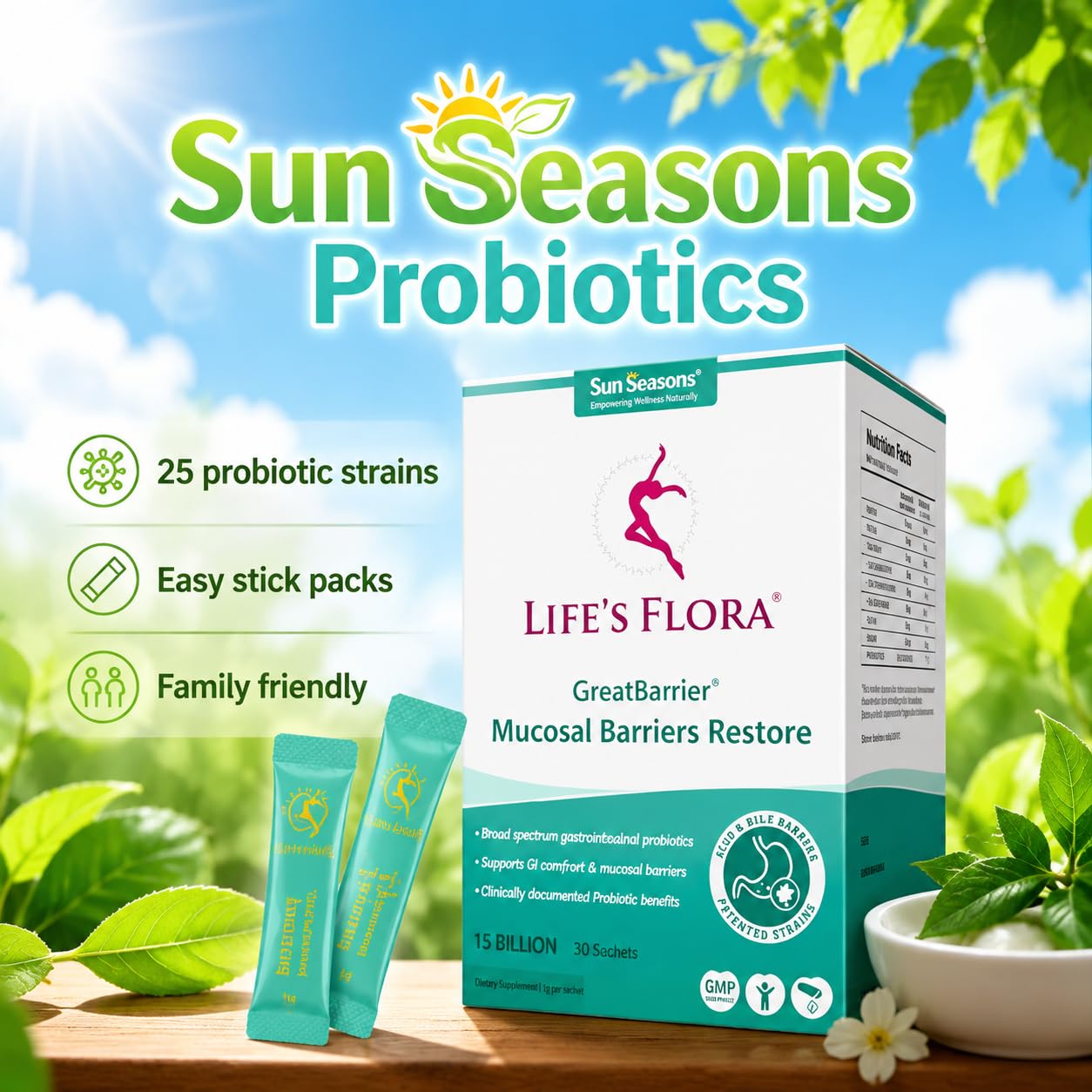 Sun Seasons Life's Flora Probiotic with L-Glutamine & Bromelain, Powder, 1