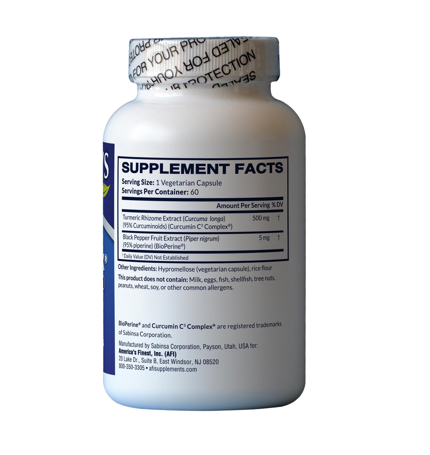 AFI America's Finest Inc Curcumin C3 Complex 500mg with BioPerine Veg Capsules, 60 Count