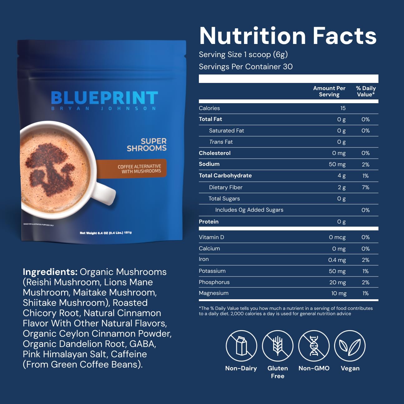 Blueprint Bryan Johnson Super Shroom Coffee Powder 30 Servings