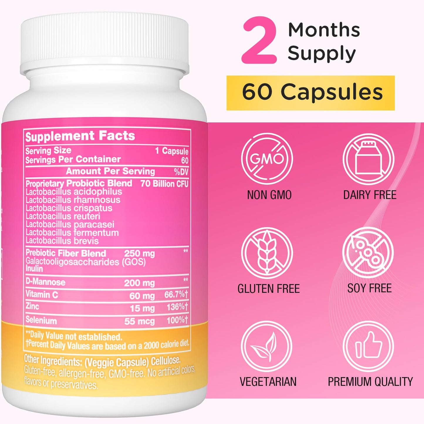 Trehealtt Vaginal Probiotics 70 Billion CFUs, pH Balance with Probiotic & Prebiotic Capsules, 60 Count