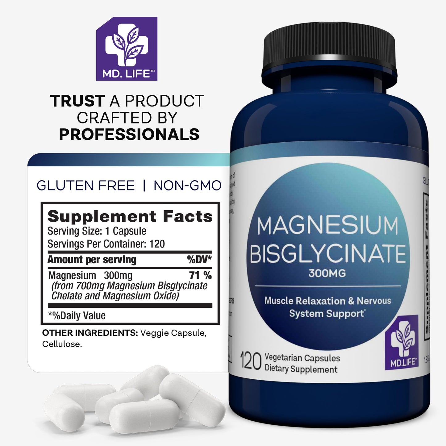 MD.LIFE Magnesium Bisglycinate 300mg Capsule, 120 Count