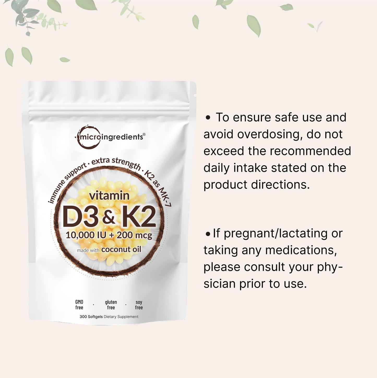 Micro Ingredients Vitamin D3 10,000 IU + K2 MK-7 200 mcg Softgels, 300 Count