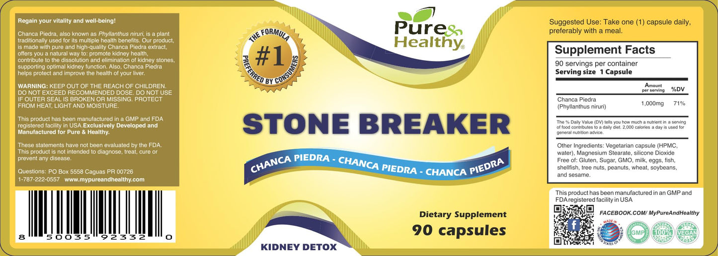 Pure & Healthy Stone Breaker Chanca Piedra Capsules - Herbal Supplement for Kidney, Liver & Gallbladder Support, Non-GMO, Vegan - 90 Count