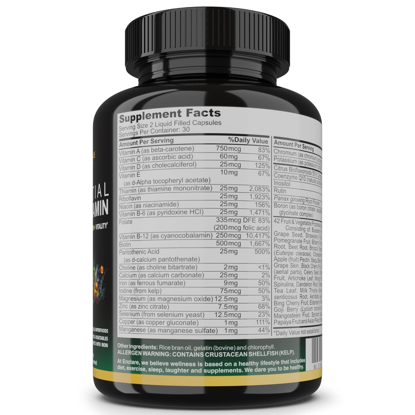 THE ENCLARE NUTRITION Essential Multivitamin for Women & Men – Complete Daily Multi Vitamin with Vitamin D, C, B12 & B Vitamins + Minerals, Folic Acid, Iron, Zinc – 42 Fruit & Vegetable Superfood Blend Capsule, 60 Capsules