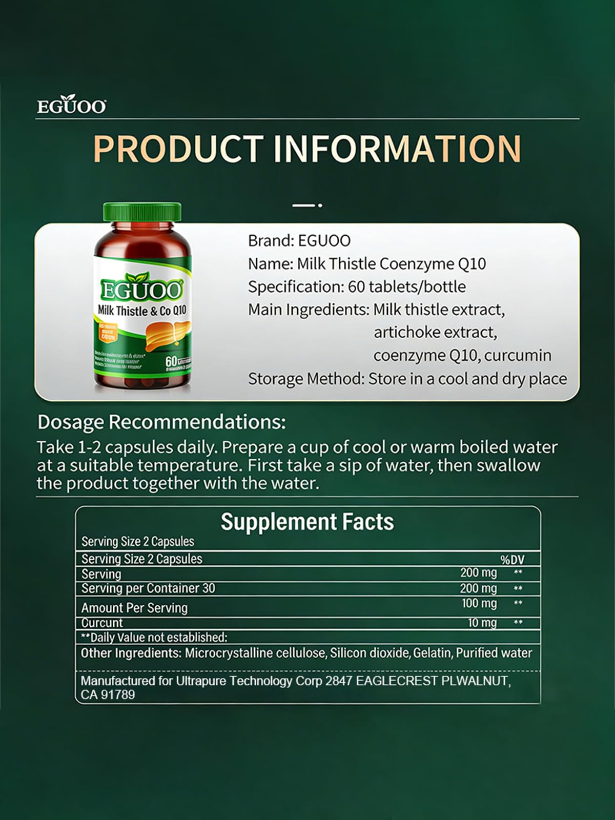 EGUOO Milk Thistle & CoQ10 Dietary Supplement with Artichoke, Curcumin, Coenzyme Q10 – 200mg Milk Thistle per Serving (6000mg per Bottle) – for Healthy Liver Function – 60 Capsules