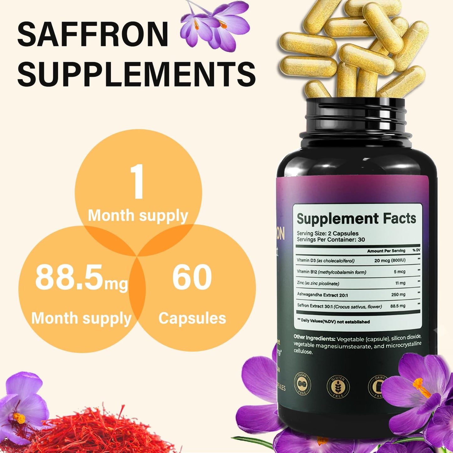 Rolphood Saffron Extract Capsules 88.5mg, 60 Count, Non-GMO, Vegan