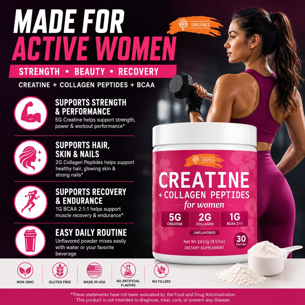 SIRUNES Creatine and Collagen for Women Powder 100