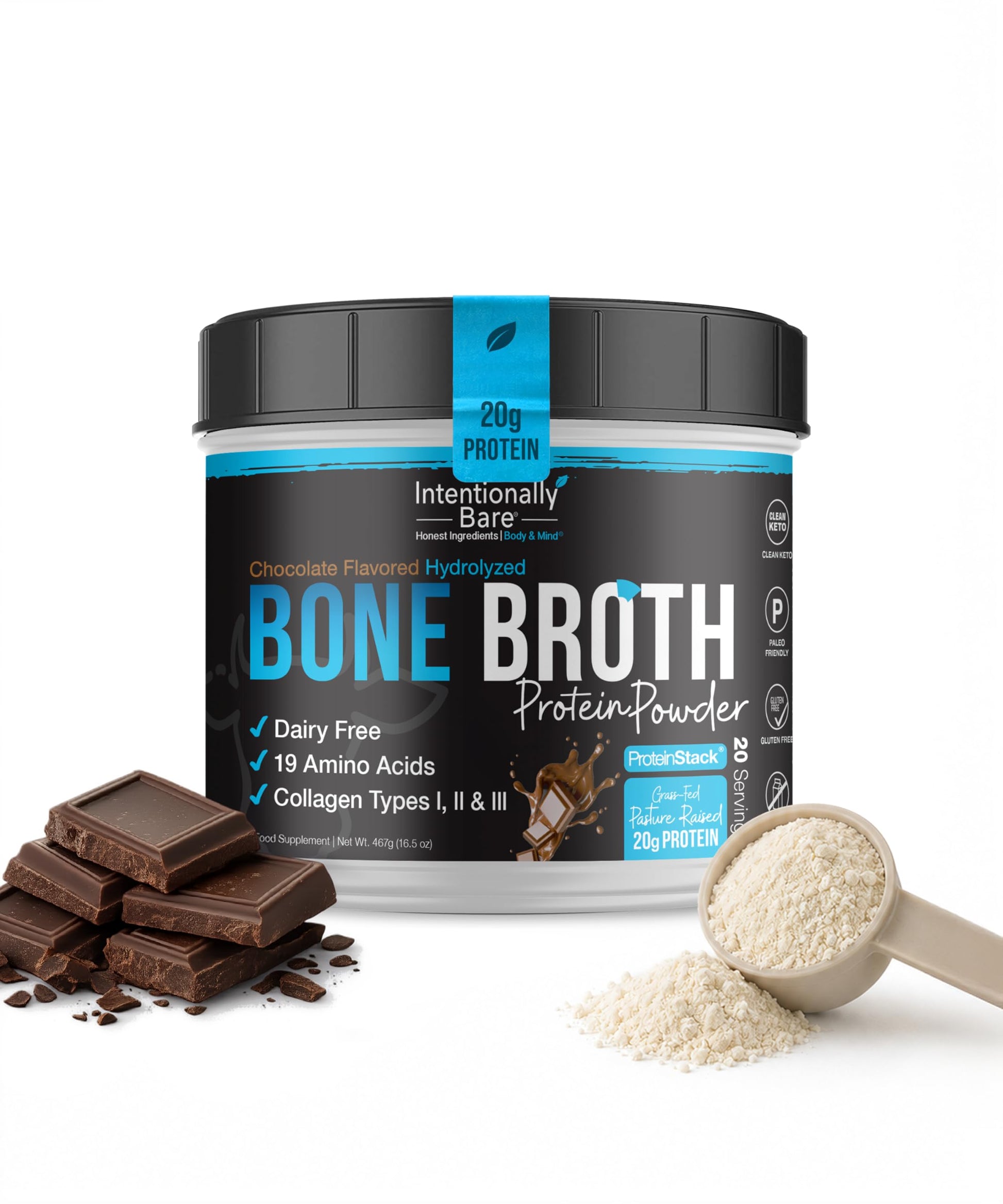Intentionally Bare Bone Broth Powder, Grass-Fed, Collagen Peptides Type 1-3, Dairy Free, Chocolate, 20 Servings
